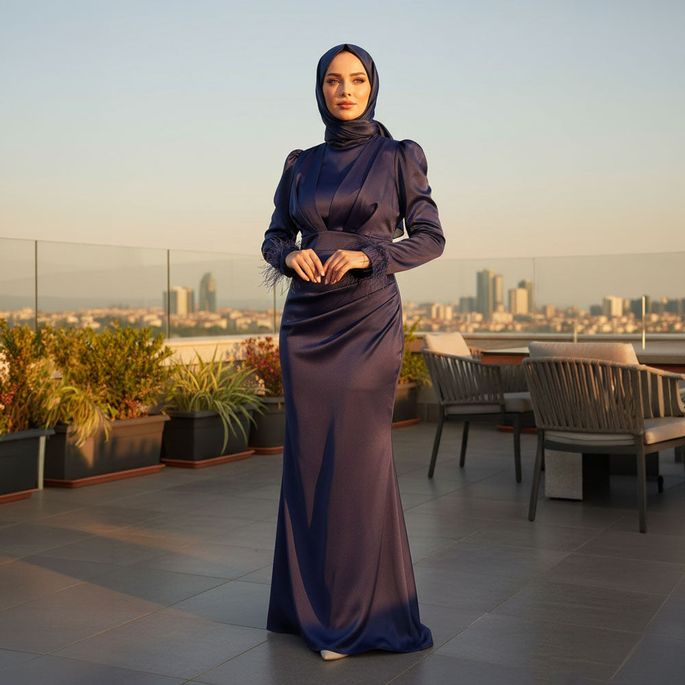 Kadın Saten ve Kolları Püsküllü Tesettür Abiye Elbise 95223