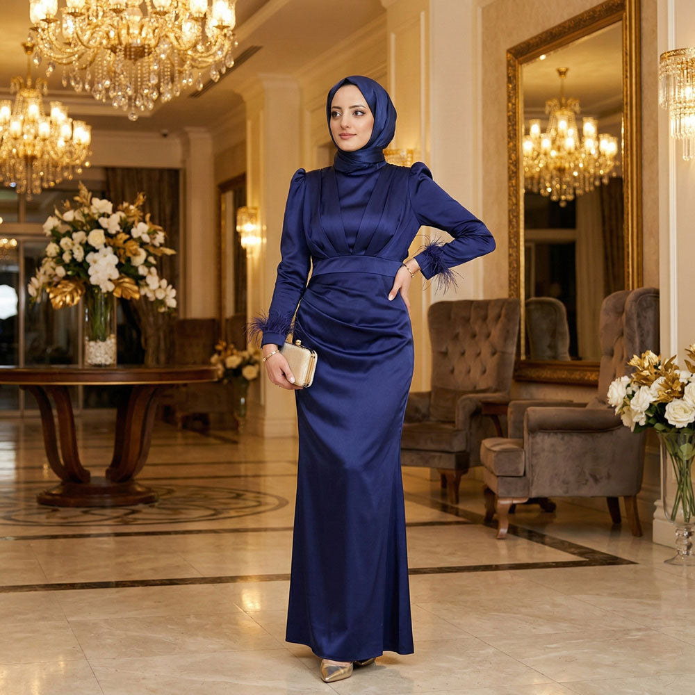 Kadın Saten ve Kolları Püsküllü Tesettür Abiye Elbise 95223