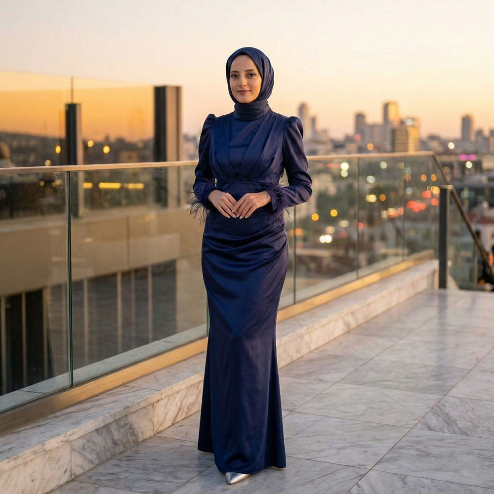 Kadın Saten ve Kolları Püsküllü Tesettür Abiye Elbise 95223