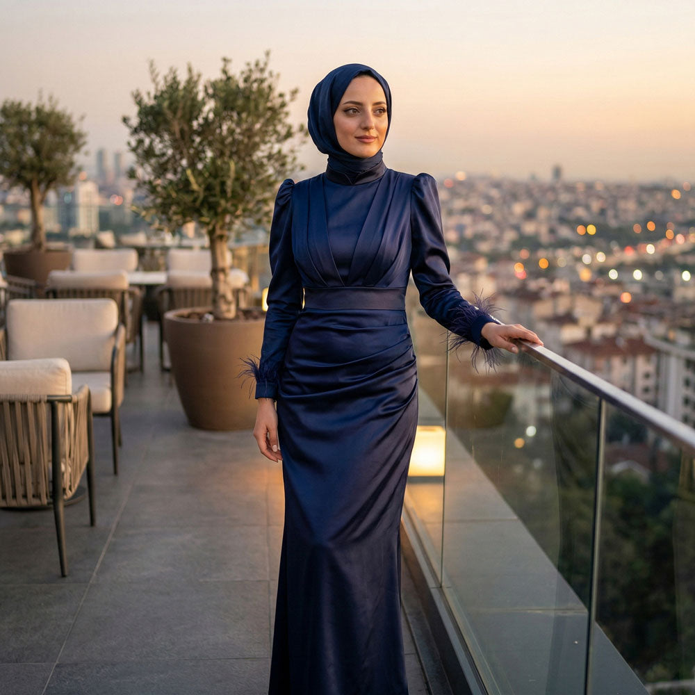 Kadın Saten ve Kolları Püsküllü Tesettür Abiye Elbise 95223