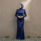 Kadın Saten ve Kolları Püsküllü Tesettür Abiye Elbise 95223