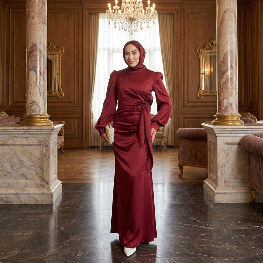 Kadın  Bordo Yandan Bağlamalı Zara Saten Tesettür Abiye Elbise 19271