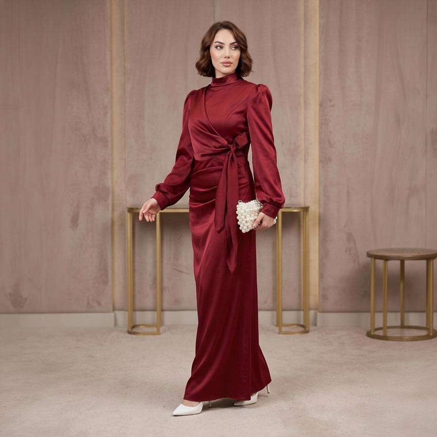 Kadın  Bordo Yandan Bağlamalı Zara Saten Tesettür Abiye Elbise 19271