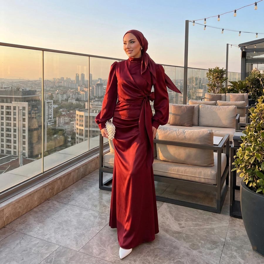 Kadın  Bordo Yandan Bağlamalı Zara Saten Tesettür Abiye Elbise