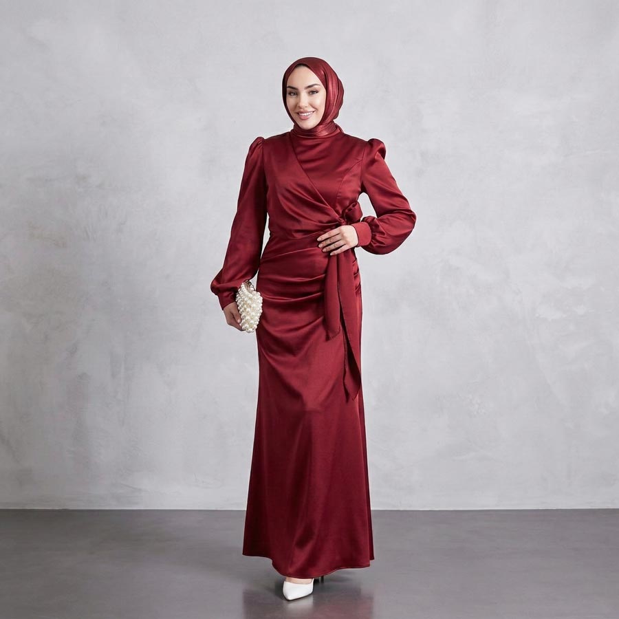 Kadın  Bordo Yandan Bağlamalı Zara Saten Tesettür Abiye Elbise 19271