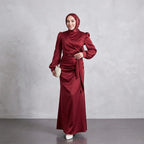 Kadın  Bordo Yandan Bağlamalı Zara Saten Tesettür Abiye Elbise 19271