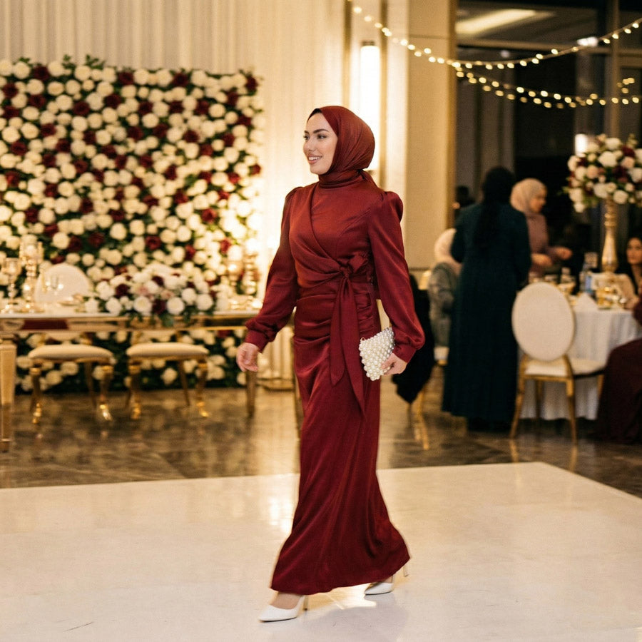 Kadın  Bordo Yandan Bağlamalı Zara Saten Tesettür Abiye Elbise 19271