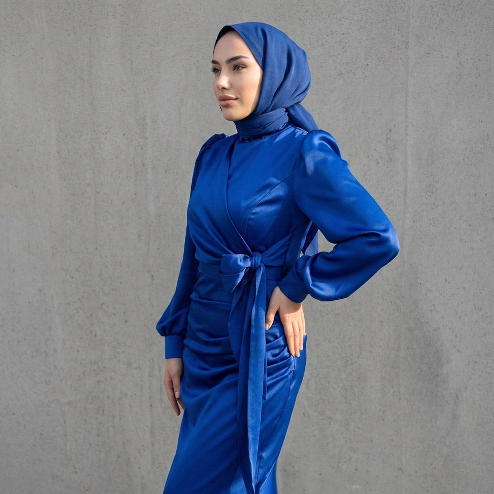 Kadın Yandan Bağlamalı Zara Saten Tesettür Abiye Elbise 19271