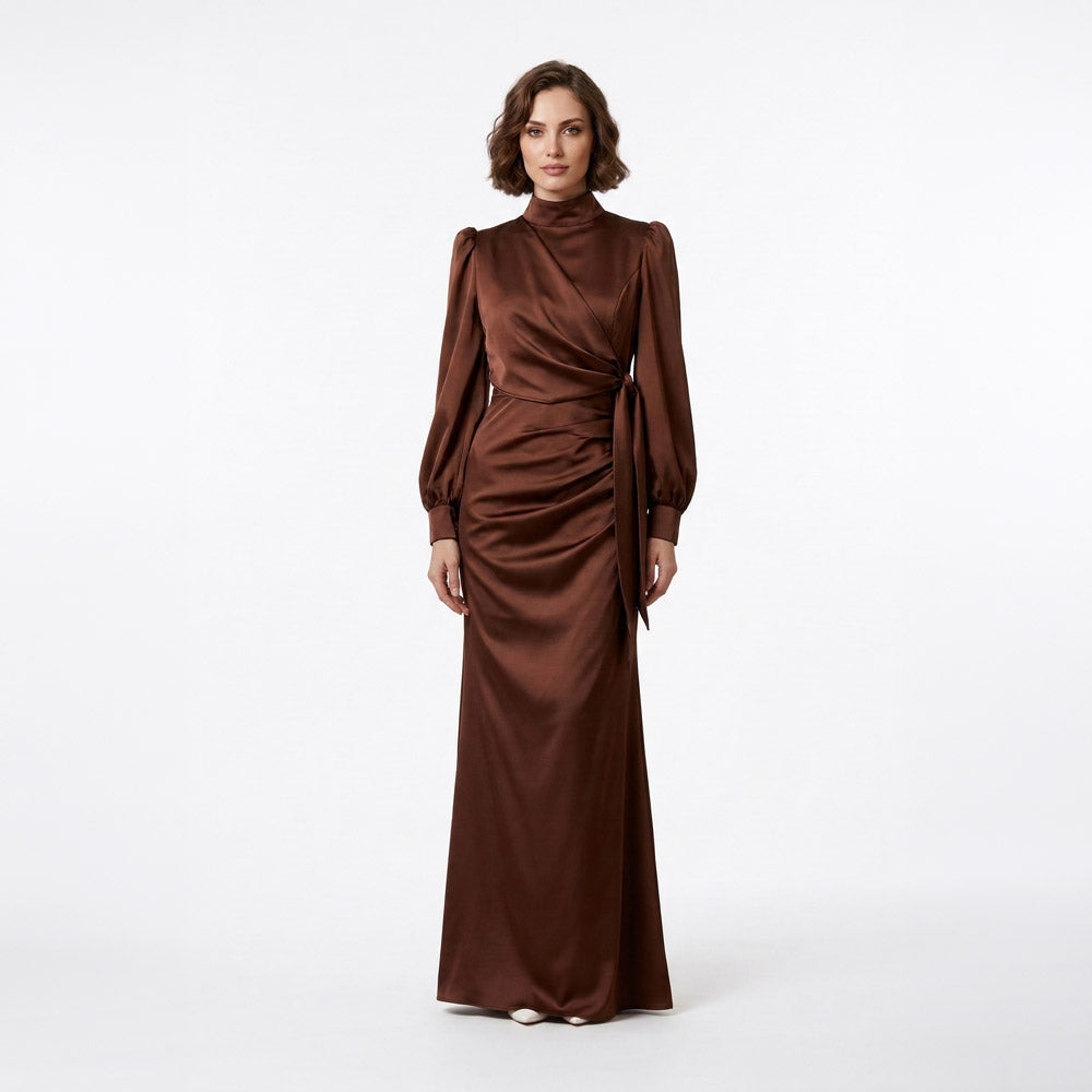 Kadın Yandan Bağlamalı Zara Saten Tesettür Abiye Elbise 19271