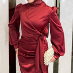 Kadın  Bordo Yandan Bağlamalı Zara Saten Tesettür Abiye Elbise