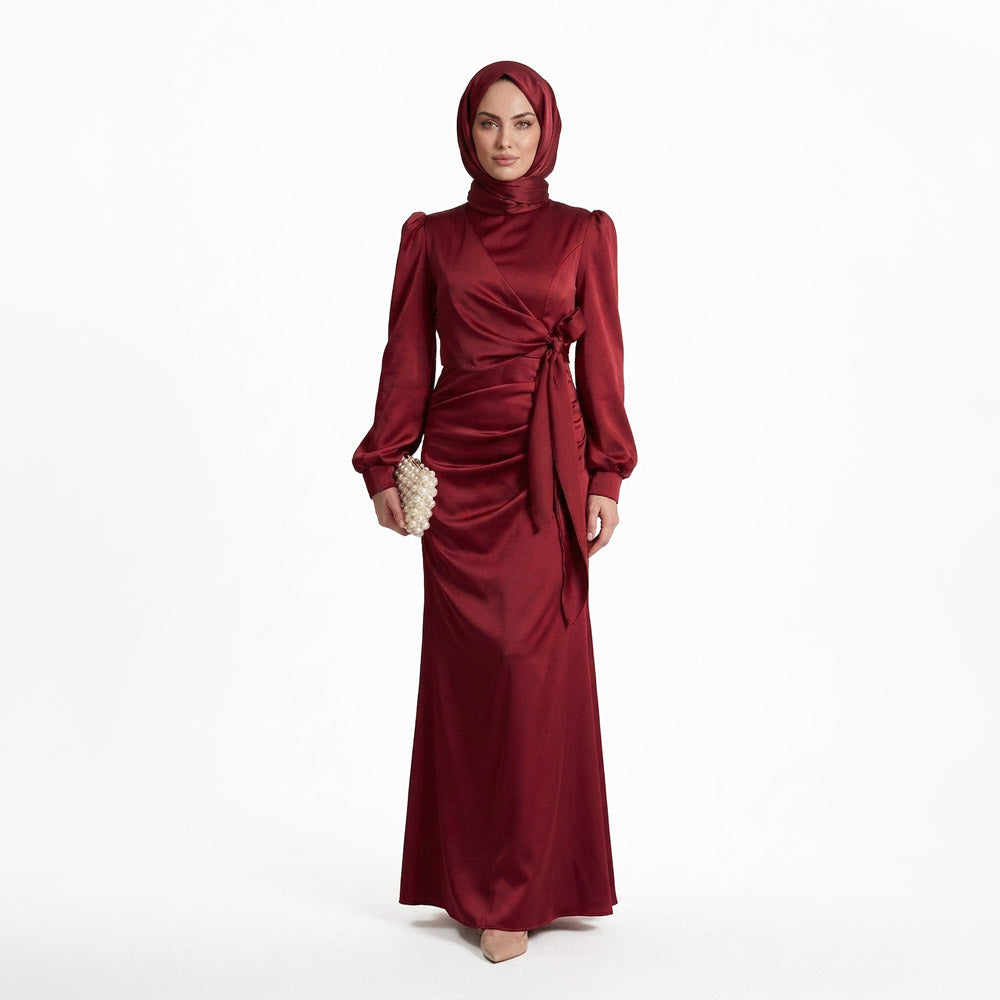 Kadın  Bordo Yandan Bağlamalı Zara Saten Tesettür Abiye Elbise