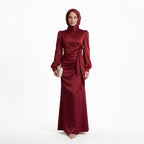 Kadın  Bordo Yandan Bağlamalı Zara Saten Tesettür Abiye Elbise