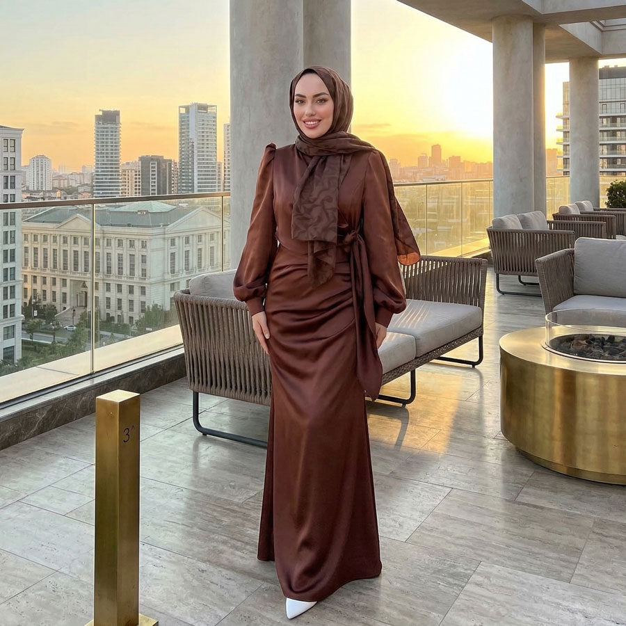 Kadın Yandan Bağlamalı Zara Saten Tesettür Abiye Elbise