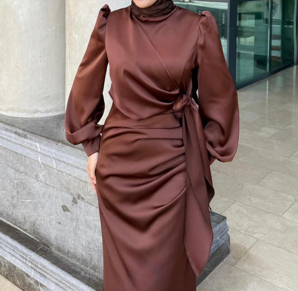 Kadın Yandan Bağlamalı Zara Saten Tesettür Abiye Elbise