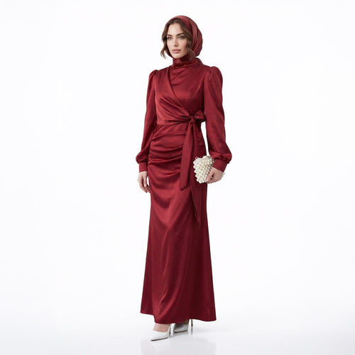 Kadın  Bordo Yandan Bağlamalı Zara Saten Tesettür Abiye Elbise