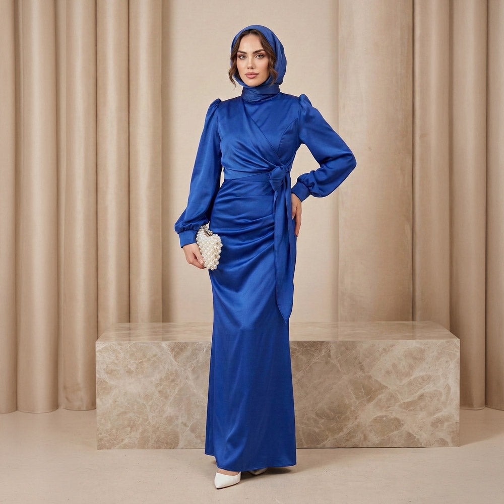 Kadın Yandan Bağlamalı Zara Saten Tesettür Abiye Elbise 19271