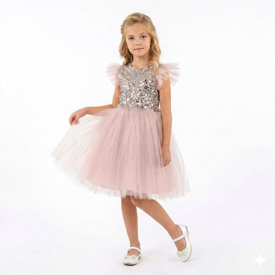 Kahverengi Pul İşlemeli ve Tüllü Kız Çocuk Abiye Elbise 77078