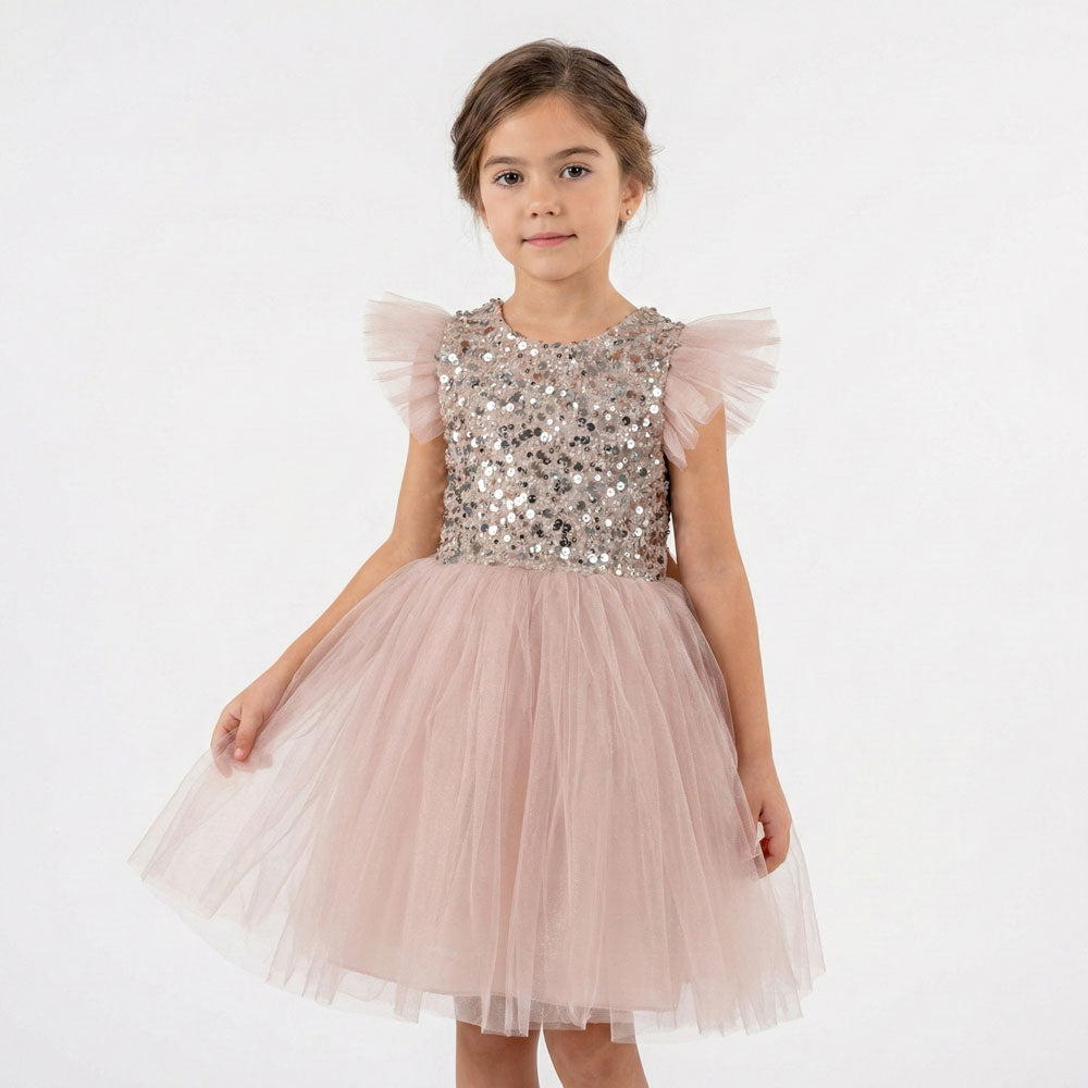 Kahverengi Pul İşlemeli ve Tüllü Kız Çocuk Abiye Elbise 77078