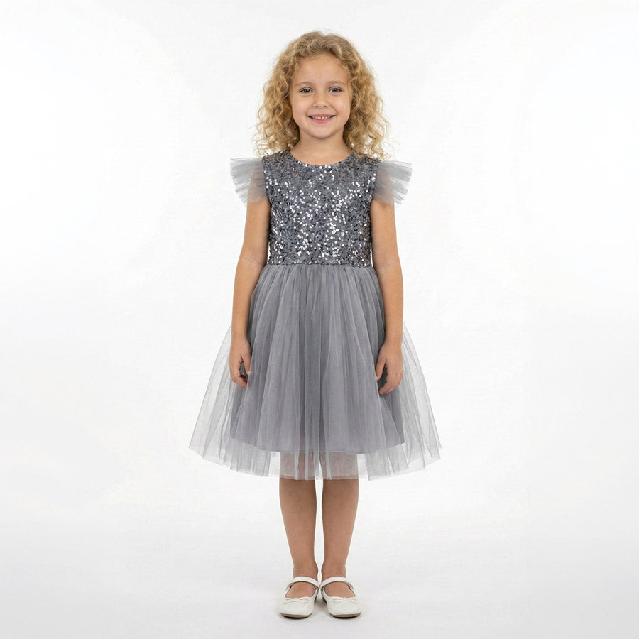 Gri Pul İşlemeli ve Tüllü Kız Çocuk Abiye Elbise 77078