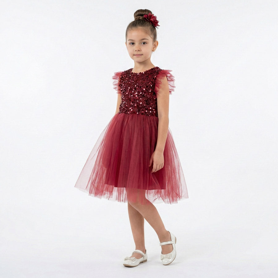 Kırmızı Pul İşlemeli ve Tüllü Kız Çocuk Abiye Elbise 77078