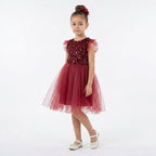 Kırmızı Pul İşlemeli ve Tüllü Kız Çocuk Abiye Elbise 77078