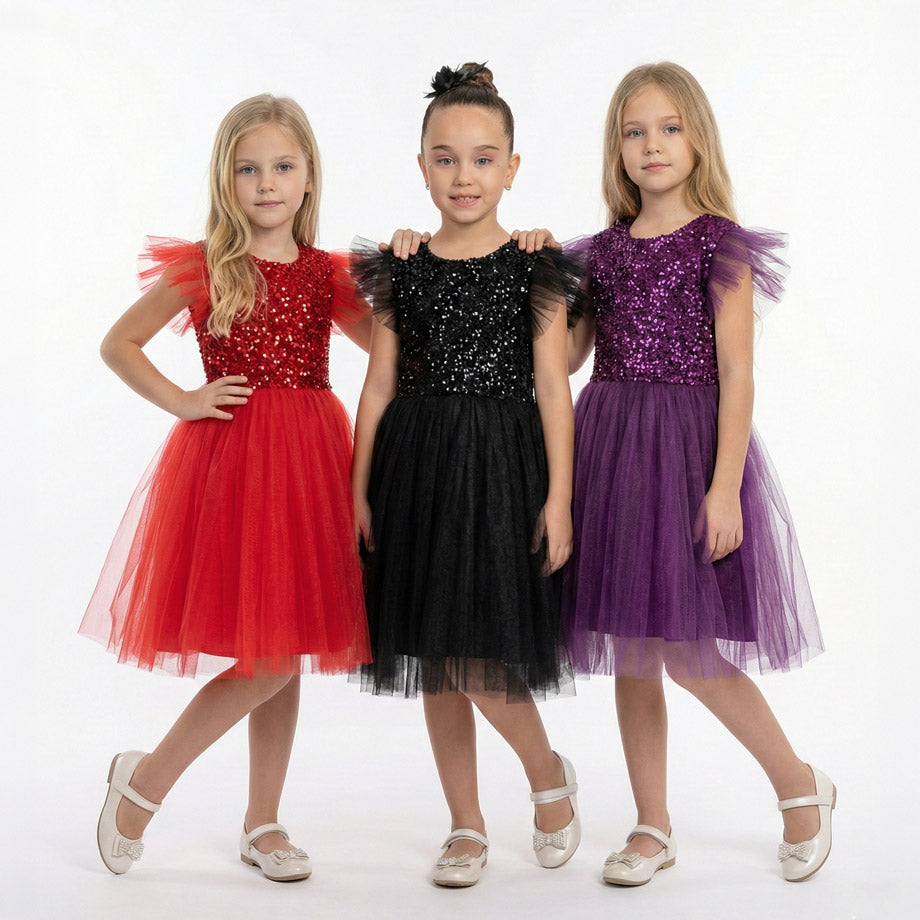 Kırmızı Pul İşlemeli ve Tüllü Kız Çocuk Abiye Elbise 77078