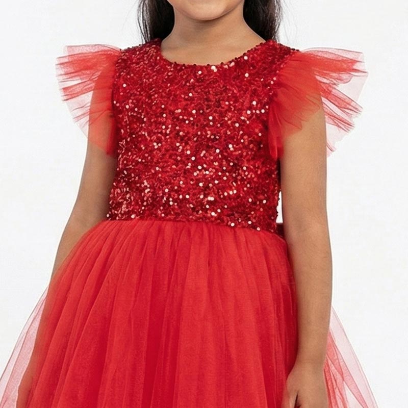 Kırmızı Pul İşlemeli ve Tüllü Kız Çocuk Abiye Elbise 77078