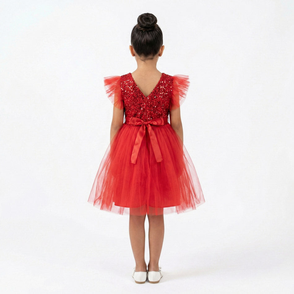 Kırmızı Pul İşlemeli ve Tüllü Kız Çocuk Abiye Elbise 77078