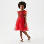 Kırmızı Pul İşlemeli ve Tüllü Kız Çocuk Abiye Elbise 77078