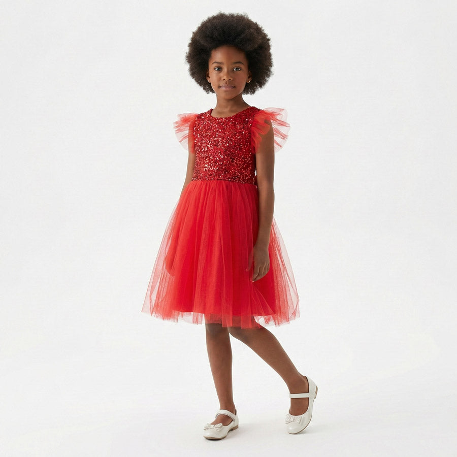 Kırmızı Pul İşlemeli ve Tüllü Kız Çocuk Abiye Elbise 77078