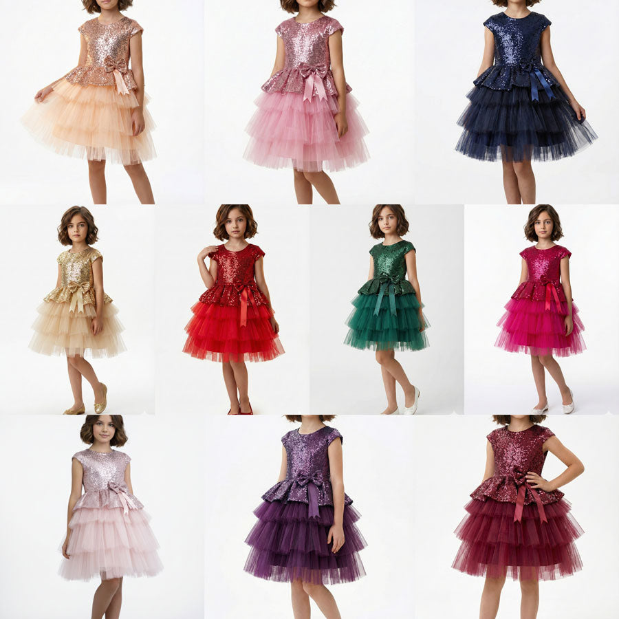 Kız Çocuk Payetli ve Kat Kat Tüllü Doğum Günü Abiye Elbise