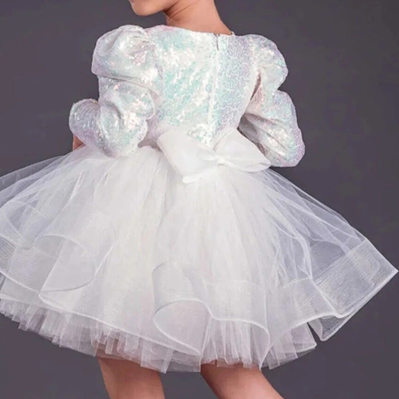 Kız Çocuk Gren Detaylı Kabarık Tüllü ve Pul Payetli Uzun Kollu Abiye Elbise