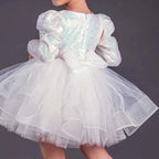 Kız Çocuk Gren Detaylı Kabarık Tüllü ve Pul Payetli Uzun Kollu Abiye Elbise