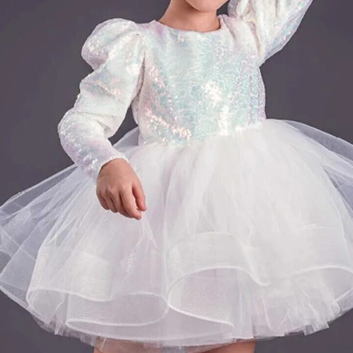 Kız Çocuk Gren Detaylı Kabarık Tüllü ve Pul Payetli Uzun Kollu Abiye Elbise 35271