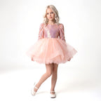 Kız Çocuk Gren Detaylı Kabarık Tüllü ve Pul Payetli Uzun Kollu Abiye Elbise