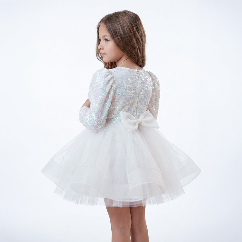 Kız Çocuk Gren Detaylı Kabarık Tüllü ve Pul Payetli Uzun Kollu Abiye Elbise