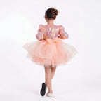 Kız Çocuk Gren Detaylı Kabarık Tüllü ve Pul Payetli Uzun Kollu Abiye Elbise