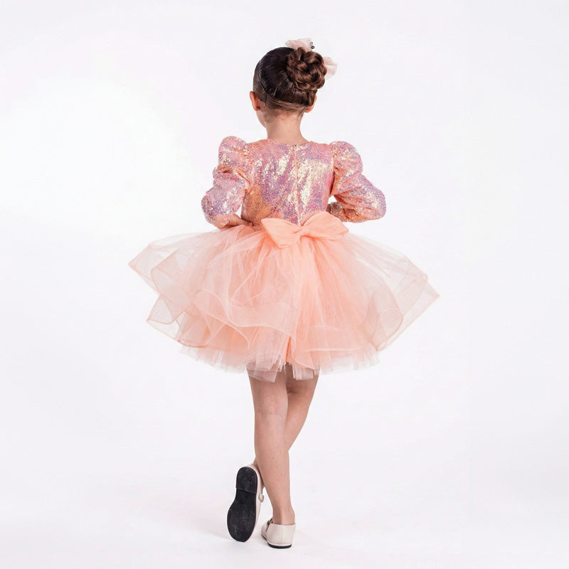 Kız Çocuk Gren Detaylı Kabarık Tüllü ve Pul Payetli Uzun Kollu Abiye Elbise