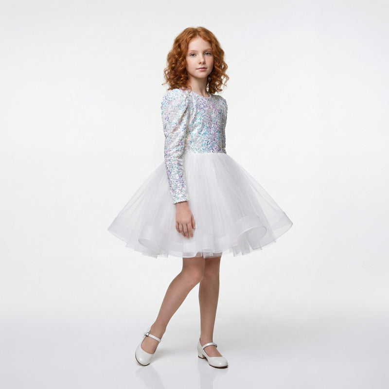 Kız Çocuk Gren Detaylı Kabarık Tüllü ve Pul Payetli Uzun Kollu Abiye Elbise