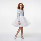 Kız Çocuk Gren Detaylı Kabarık Tüllü ve Pul Payetli Uzun Kollu Abiye Elbise