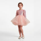 Kız Çocuk Gren Detaylı Kabarık Tüllü ve Pul Payetli Uzun Kollu Abiye Elbise