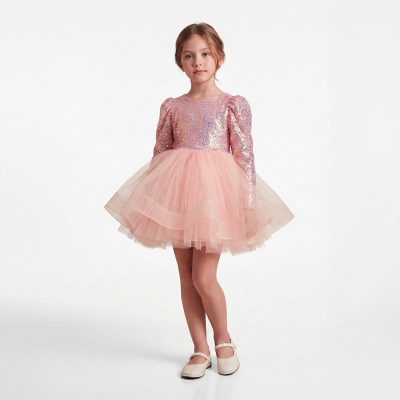 Kız Çocuk Gren Detaylı Kabarık Tüllü ve Pul Payetli Uzun Kollu Abiye Elbise