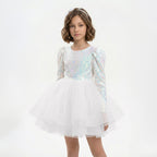 Kız Çocuk Gren Detaylı Kabarık Tüllü ve Pul Payetli Uzun Kollu Abiye Elbise