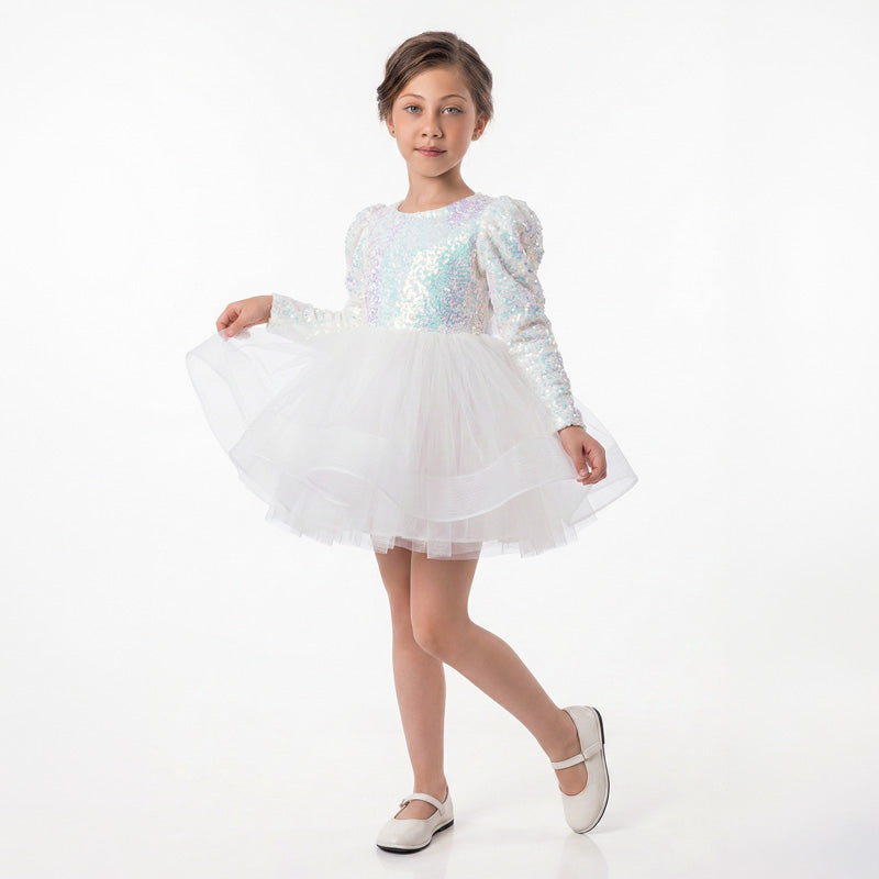 Kız Çocuk Gren Detaylı Kabarık Tüllü ve Pul Payetli Uzun Kollu Abiye Elbise