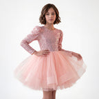 Kız Çocuk Gren Detaylı Kabarık Tüllü ve Pul Payetli Uzun Kollu Abiye Elbise