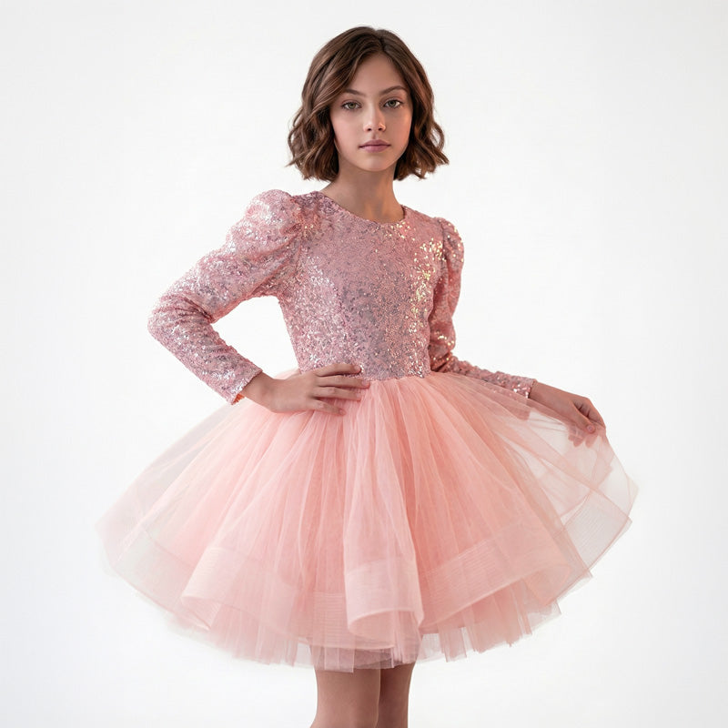 Kız Çocuk Gren Detaylı Kabarık Tüllü ve Pul Payetli Uzun Kollu Abiye Elbise