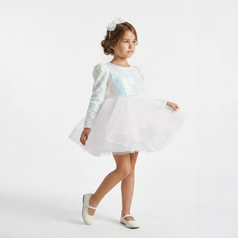 Kız Çocuk Gren Detaylı Kabarık Tüllü ve Pul Payetli Uzun Kollu Abiye Elbise