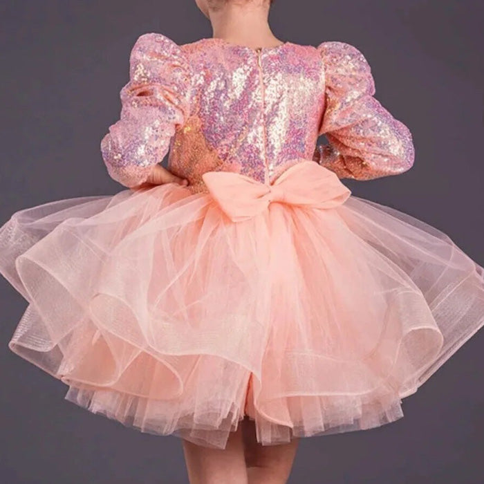 Kız Çocuk Gren Detaylı Kabarık Tüllü ve Pul Payetli Uzun Kollu Abiye Elbise