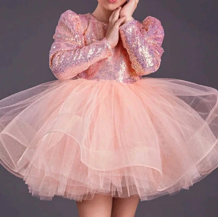 Kız Çocuk Gren Detaylı Kabarık Tüllü ve Pul Payetli Uzun Kollu Abiye Elbise