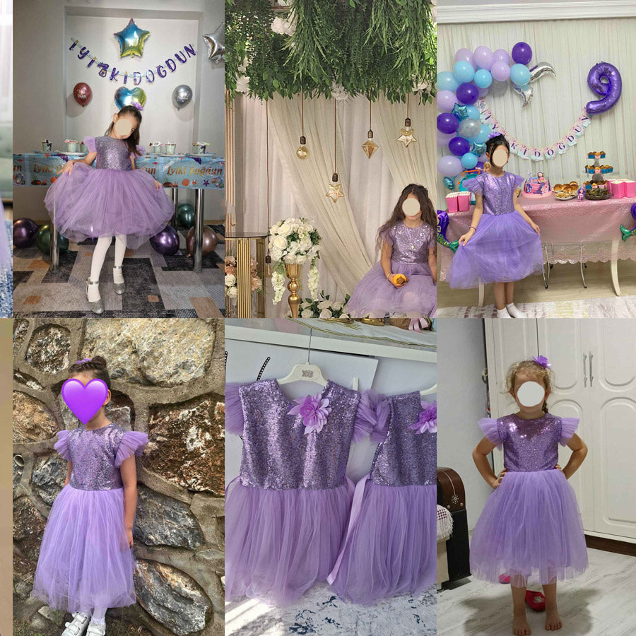 Kız Çocuk Gümüş Pul İşlemeli Kabarık Tüllü Abiye Elbise 43408